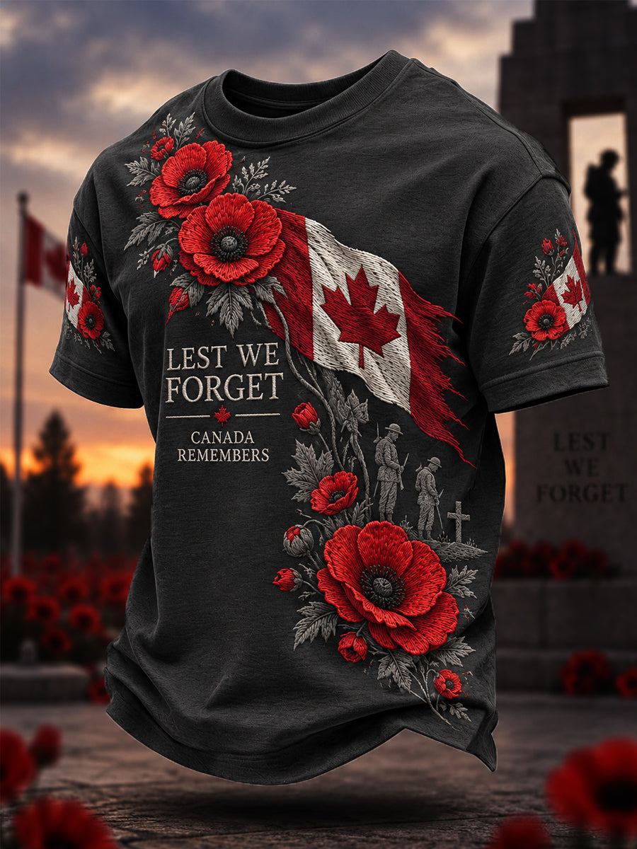 Men's Lest We Forget Canada Remembrance Day Poppy Print Tee