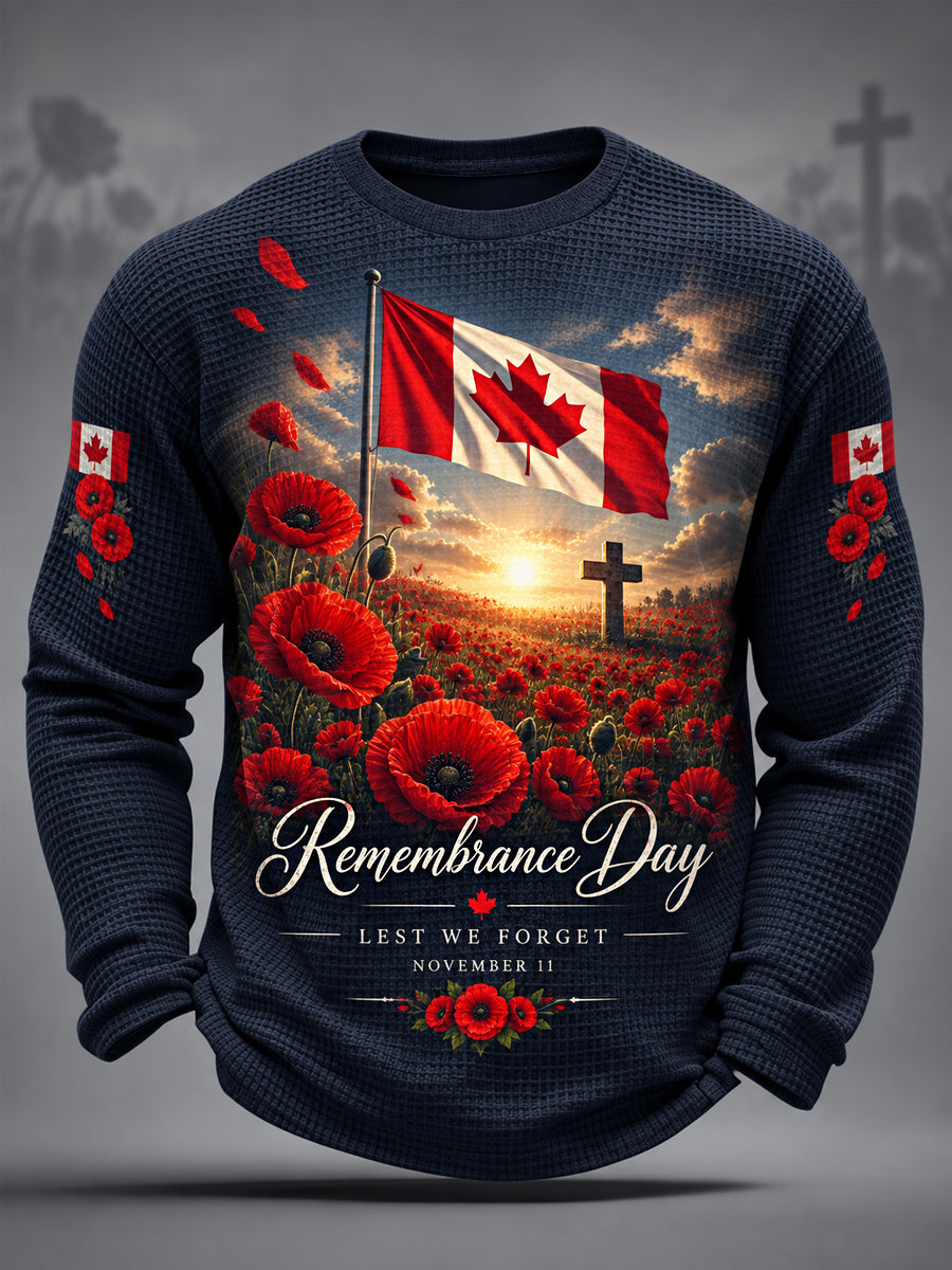 Men's Lest We Forget Canada Remembrance Day Poppy Print Waffle Long Sleeve T-Shirt