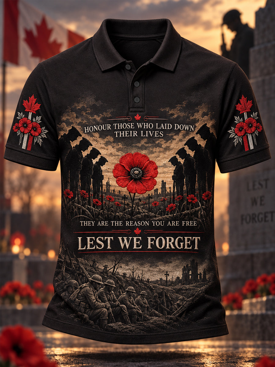 Men's Lest We Forget Canada Remembrance Day Poppy Print Polo Shirt