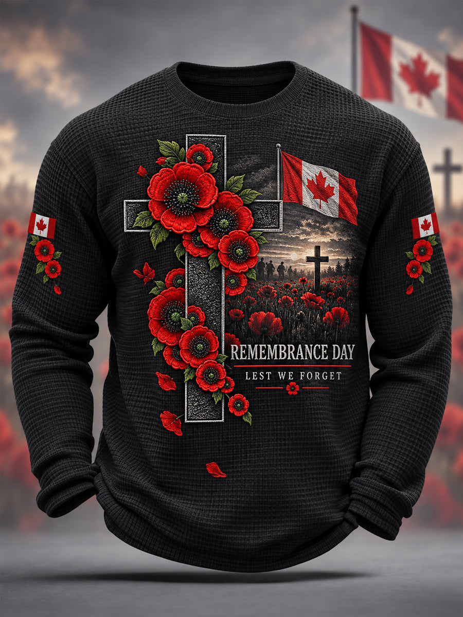 Men's Lest We Forget Canada Remembrance Day Poppy Print Waffle Long Sleeve T-Shirt