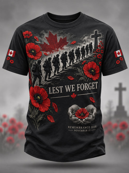 Men's Lest We Forget Canada Remembrance Day Poppy Print Tee