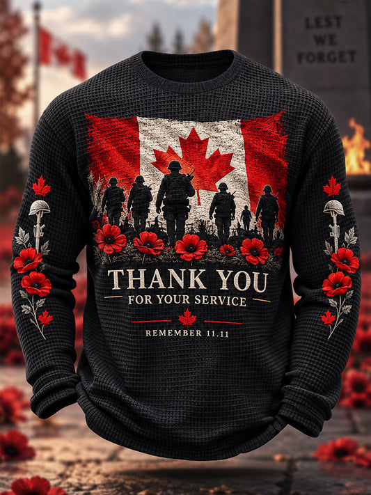 Men's Lest We Forget Canada Remembrance Day Poppy Print Waffle Long Sleeve T-Shirt