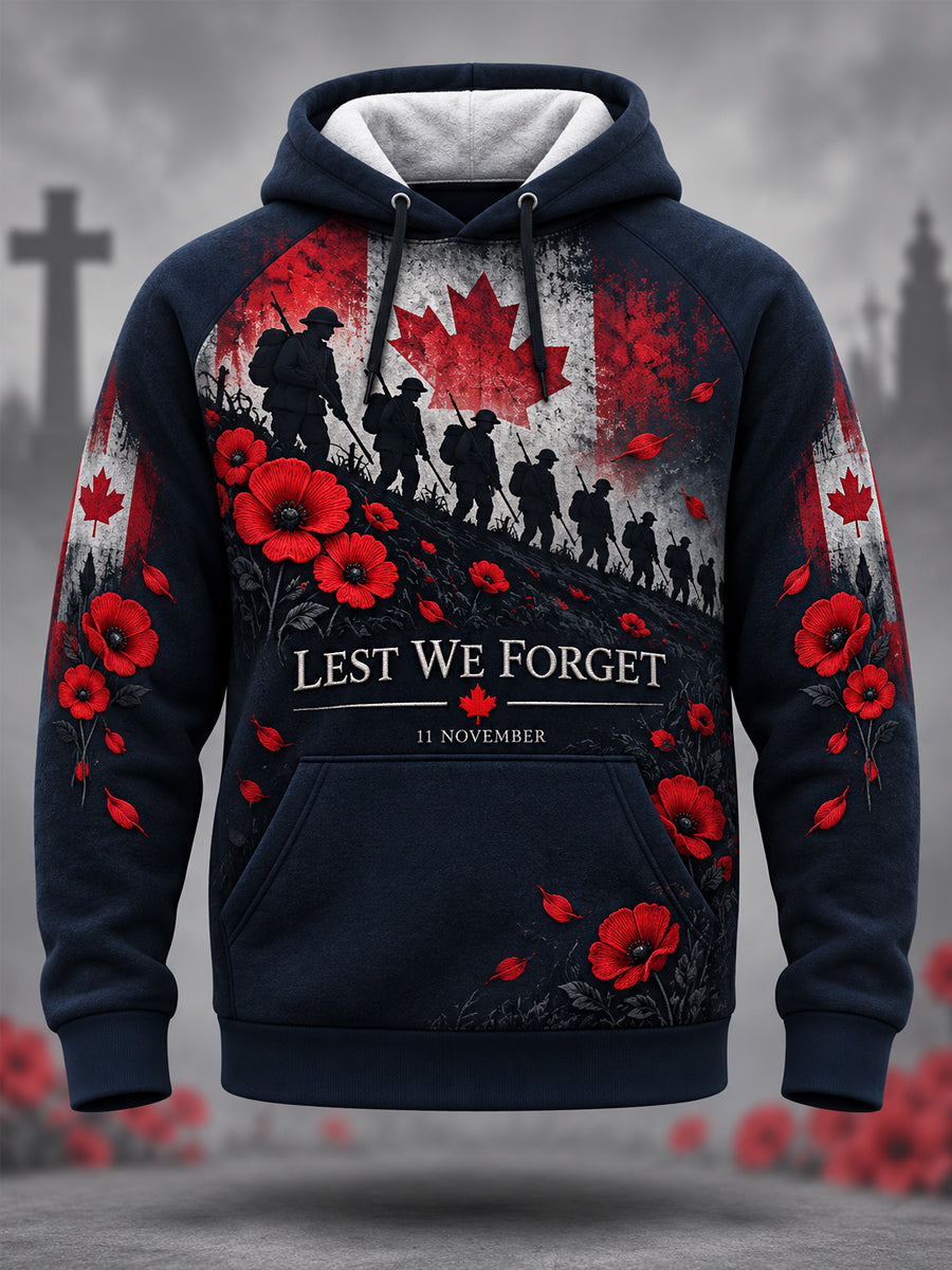 Men's Lest We Forget Canada Remembrance Day Poppy Print Hoodie
