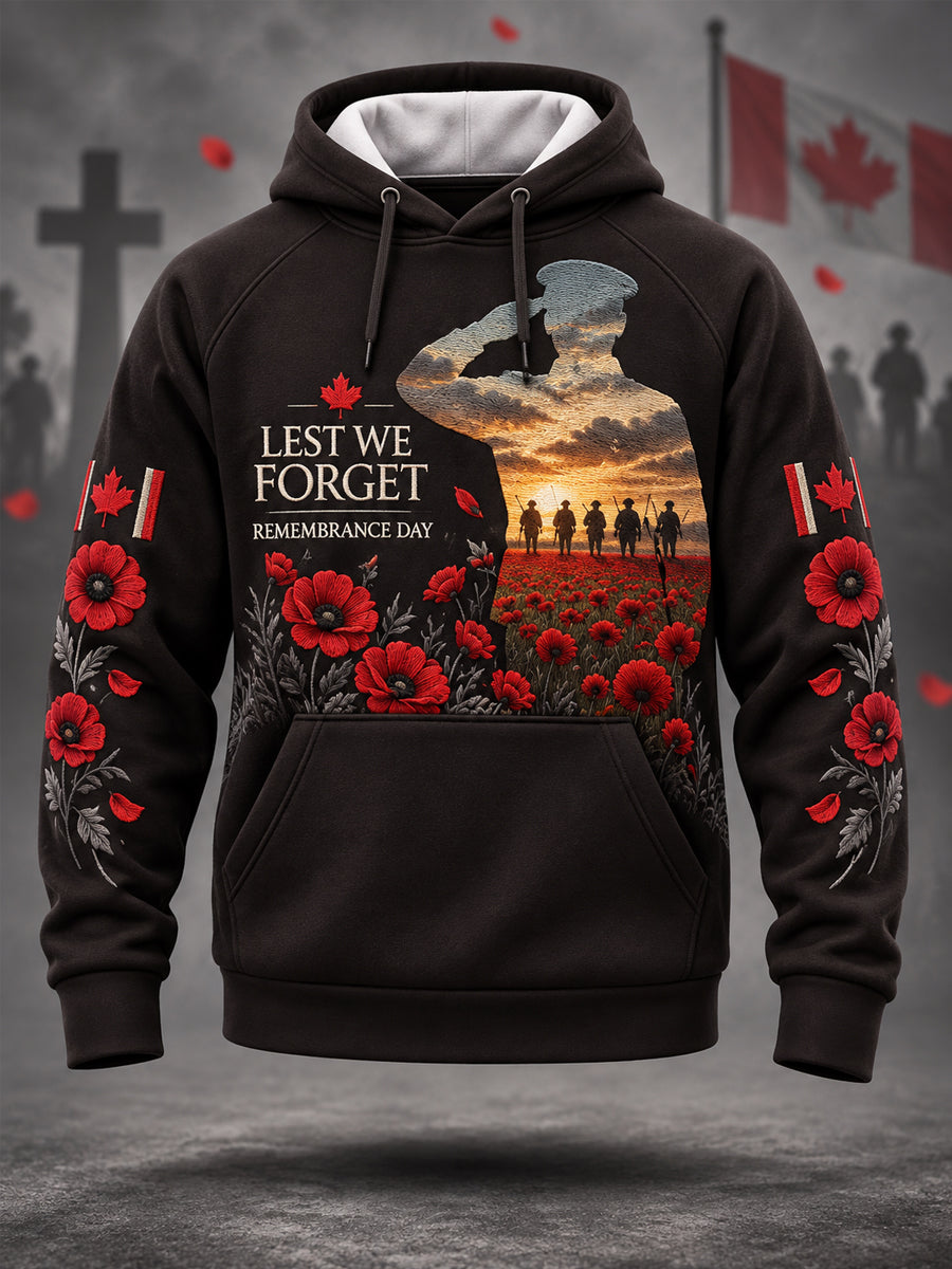 Men's Lest We Forget Canada Remembrance Day Poppy Print Hoodie
