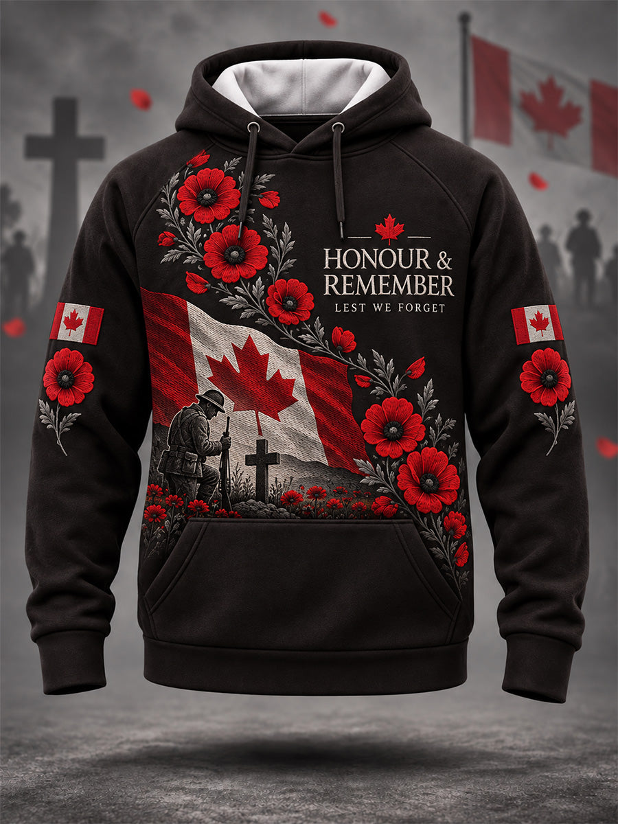 Men's Lest We Forget Canada Remembrance Day Poppy Print Hoodie
