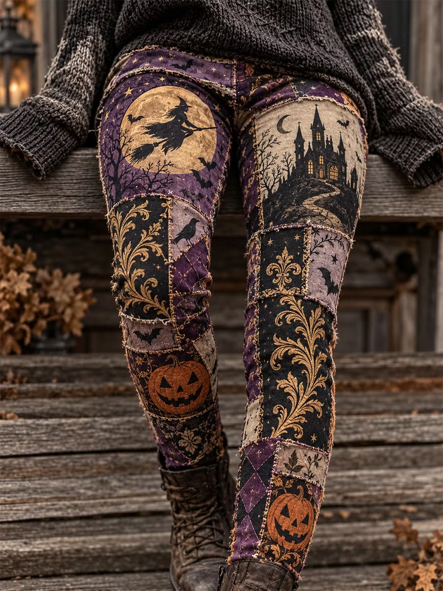 Women's Halloween Witch, Castle and Pumpkin Pattern Patchwork Leggings