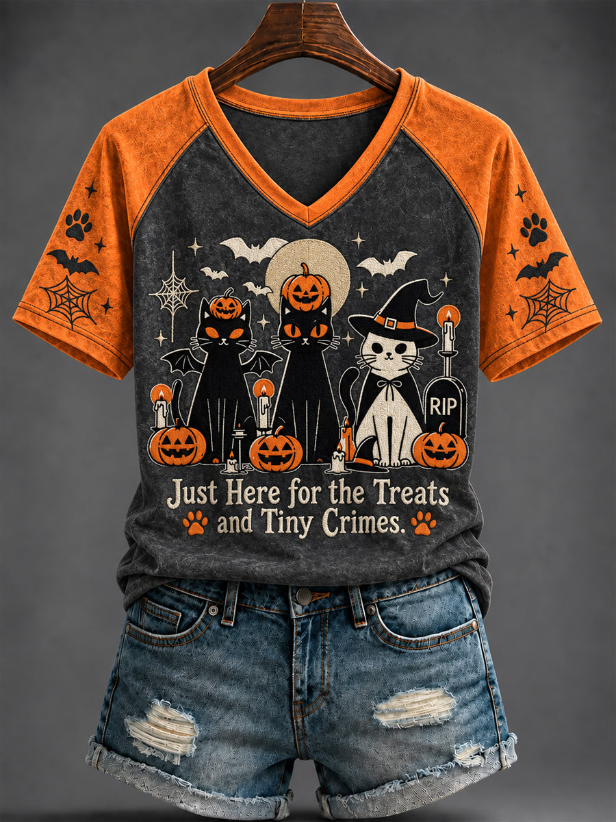 Women's Halloween Cute Cat Printed V-neck T-shirt