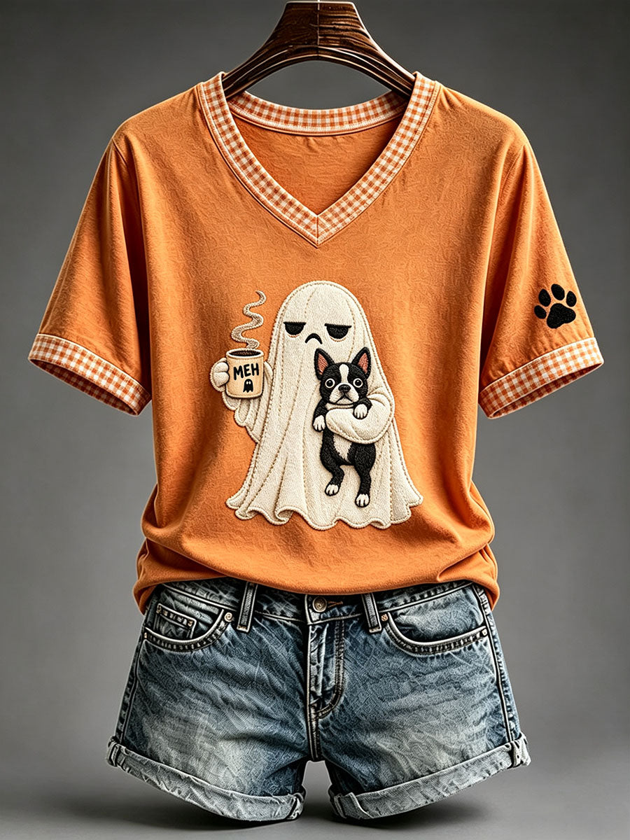 Women's Halloween Ghost and French Bulldog T-Shirt