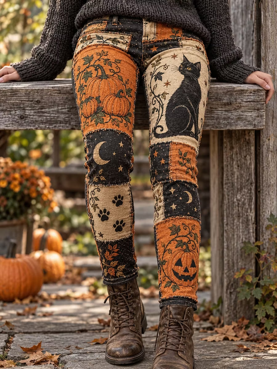 Women's Halloween Ghostly Black Cat and Pumpkin Lantern Patchwork Leggings