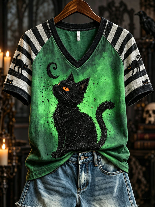 Women's Halloween Black Cat Art Striped Raglan short-sleeved T-shirt
