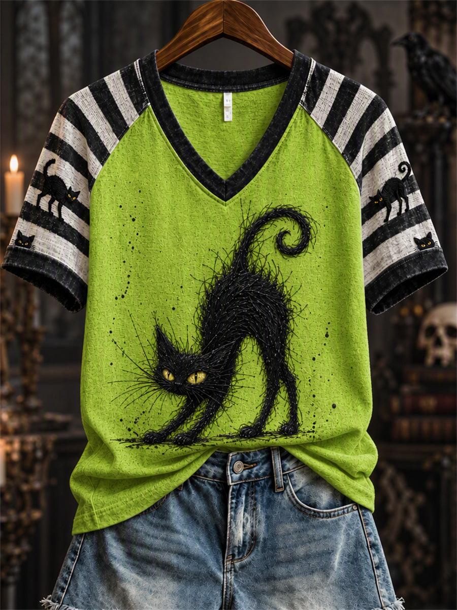 Women's Halloween Black Cat Art Striped Raglan short-sleeved T-shirt