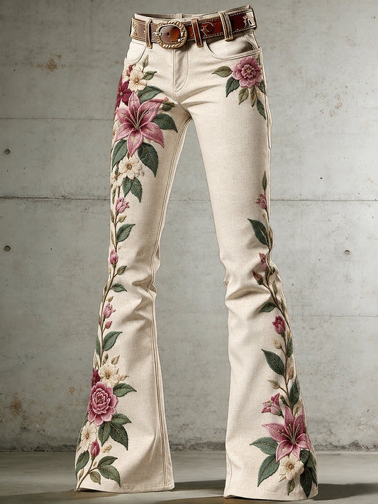 Women's Flowers Art Print Flared Trousers