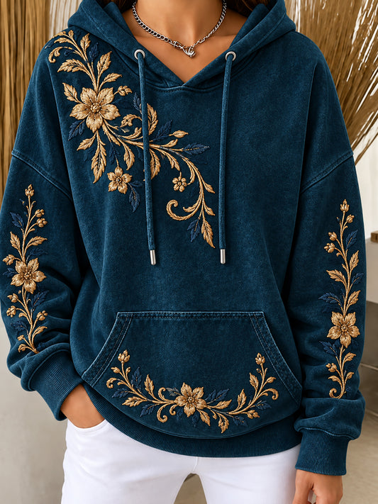 Women's Flowers Art Printed Round-Neck Long-Sleeved Hooded Sweatshirt