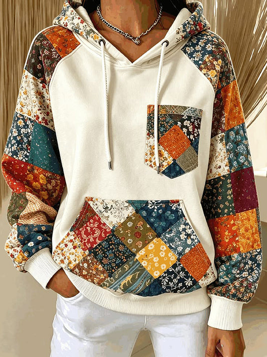 Women's Flowers Art Printed Round-Neck Long-Sleeved Hooded Sweatshirt