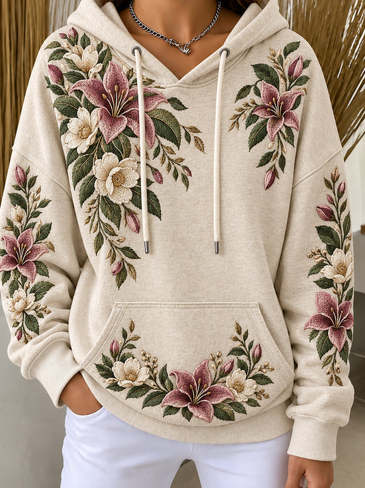 Women's Flowers Art Printed Round-Neck Long-Sleeved Hooded Sweatshirt
