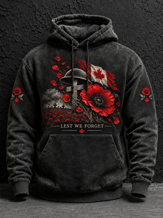 Men's Lest We Forget Canada Remembrance Day Print Oversized Drop-Shoulder Hoodie