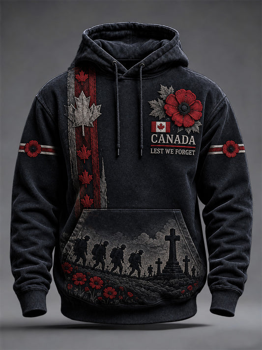 Men's Lest We Forget Canada Remembrance Day Poppy Print Oversized Drop-Shoulder Hoodie With Pockets