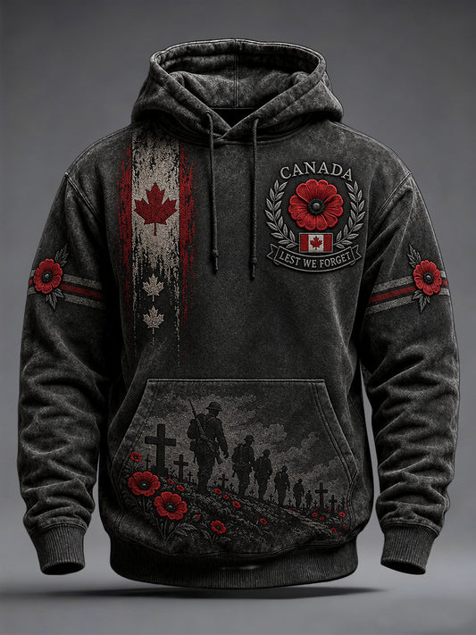 Men's Lest We Forget Canada Remembrance Day Poppy Print Oversized Drop-Shoulder Hoodie With Pockets
