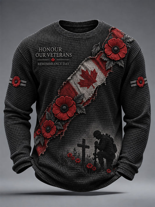 Men's Lest We Forget Canada Remembrance Day Poppy Print Waffle Long Sleeve T-Shirt