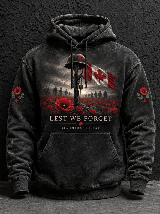 Men's Lest We Forget Canada Remembrance Day Print Oversized Drop-Shoulder Hoodie