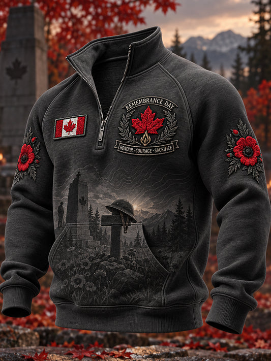 Men's Remembrance Day Printed Half Zip Stand Up Collar With Raglan Sleeves Sweatshirt