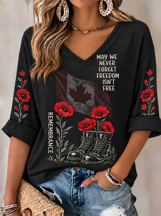 Women's Lest We Forget Canada Remembrance Day Print  Mid-length Sleeves V-Neck T-Shirt