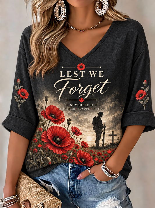 Women's Lest We Forget Canada Remembrance Day Print Mid-length Sleeves V-Neck T-Shirt