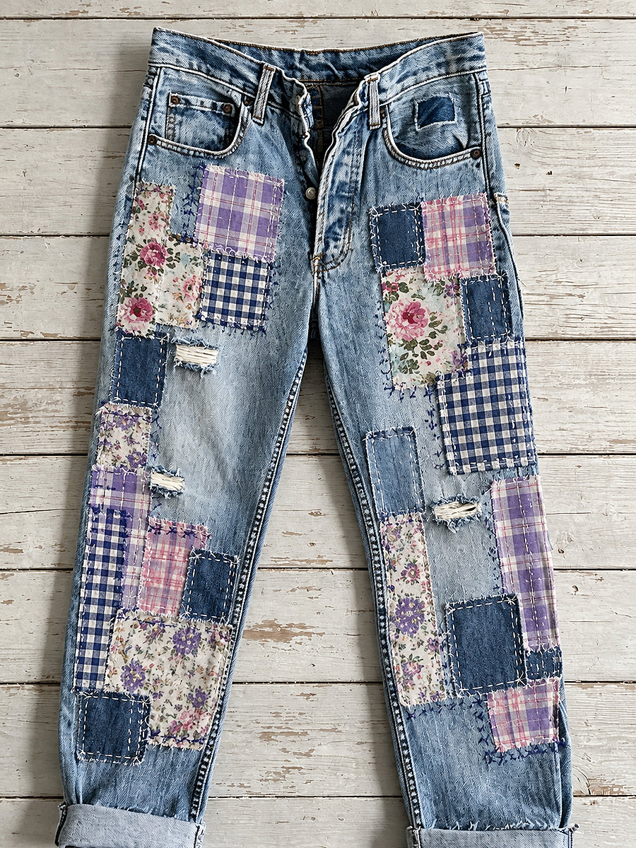Women's Artistic Flowers Print Jeans