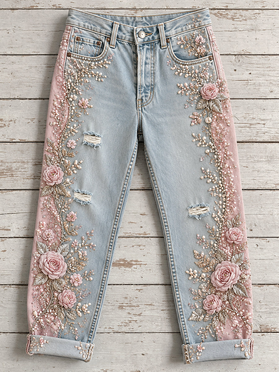 Women's Artistic Flowers Print Jeans