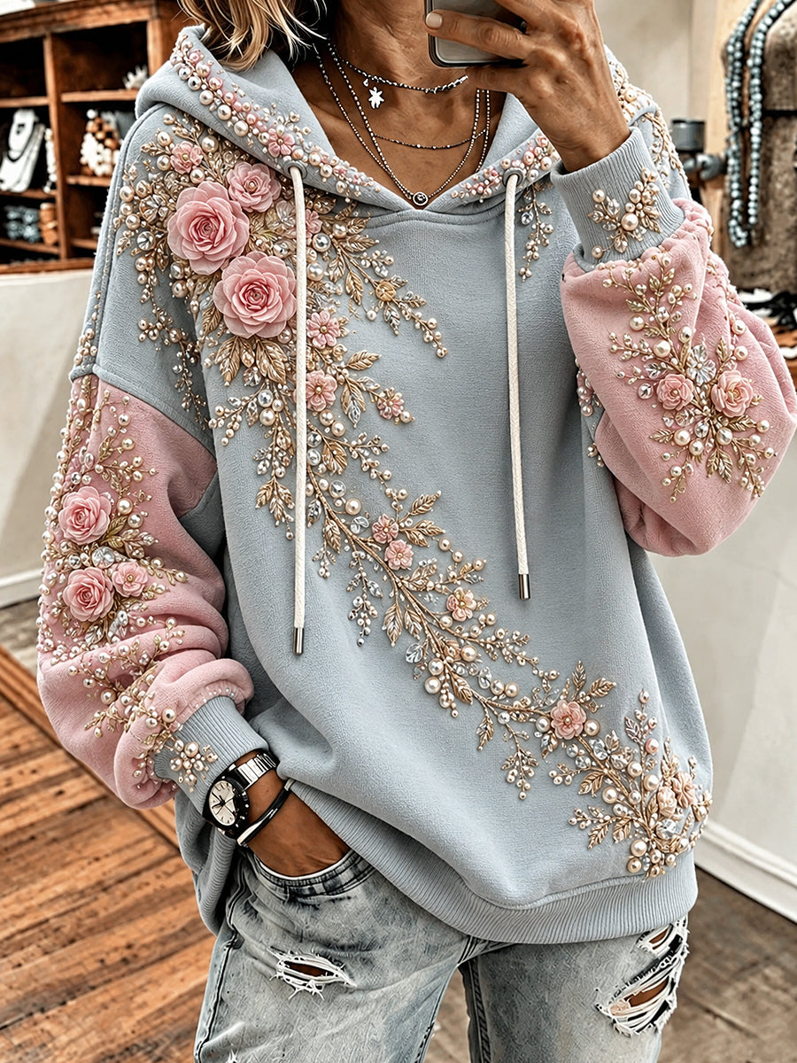 Women's Artistic Flowers Printed Long Sleeved Hooded Sweatshirt