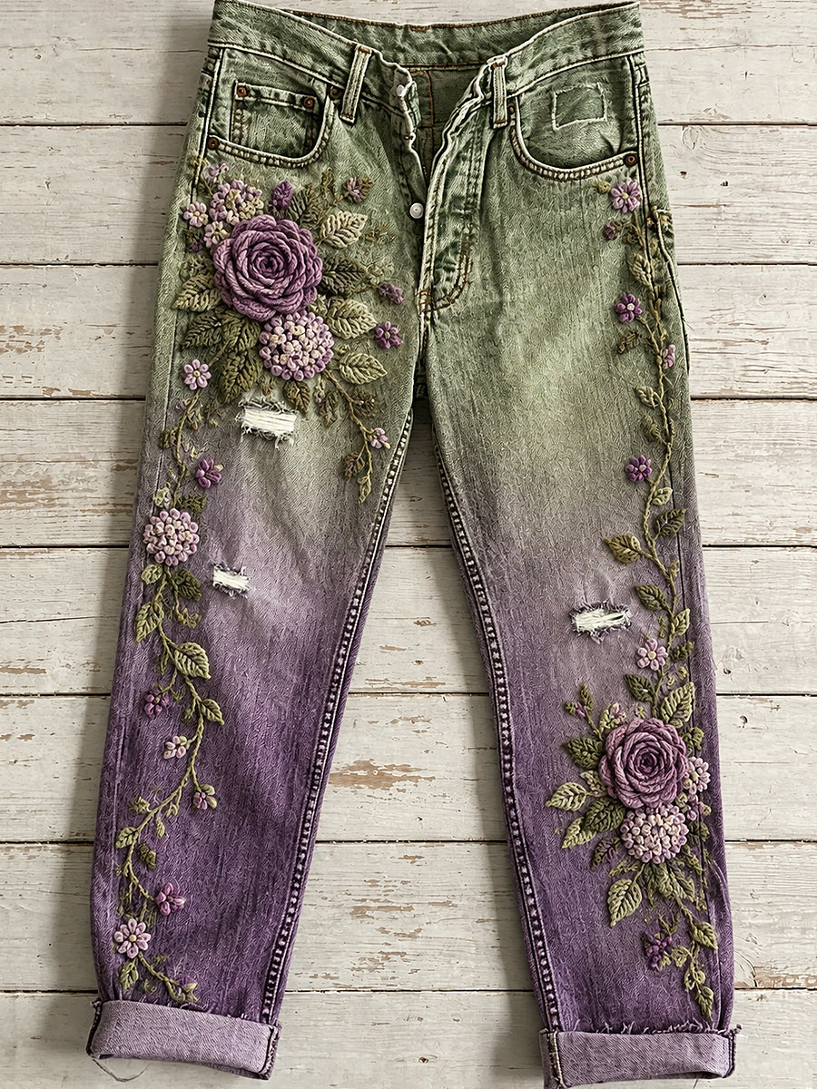 Women's Artistic Flowers Print Jeans