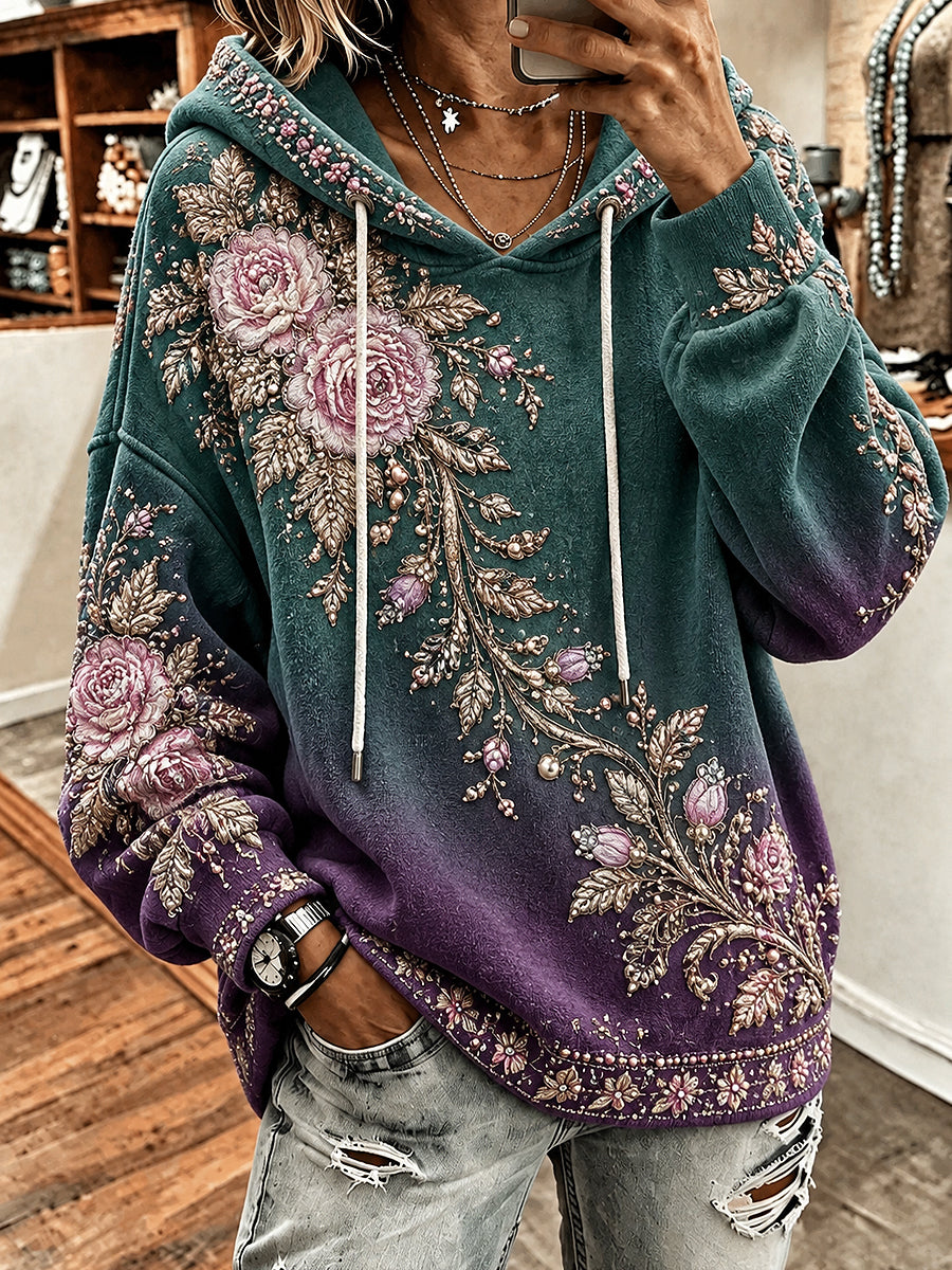 Women's Artistic Flowers Printed Long Sleeved Hooded Sweatshirt
