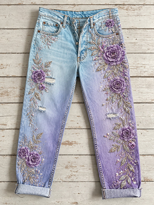 Women's Artistic Flowers Print Jeans