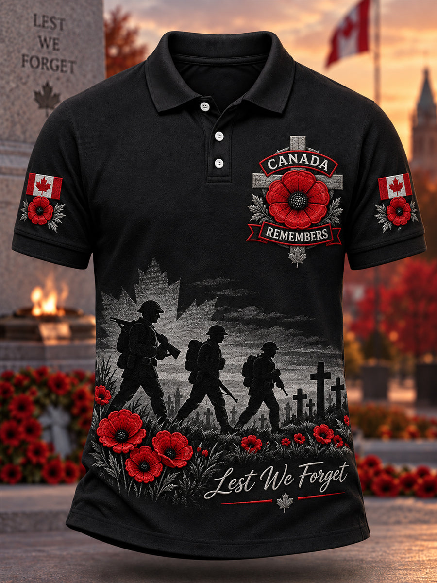 Men's Lest We Forget Canada Remembrance Day Print Polo Shirt