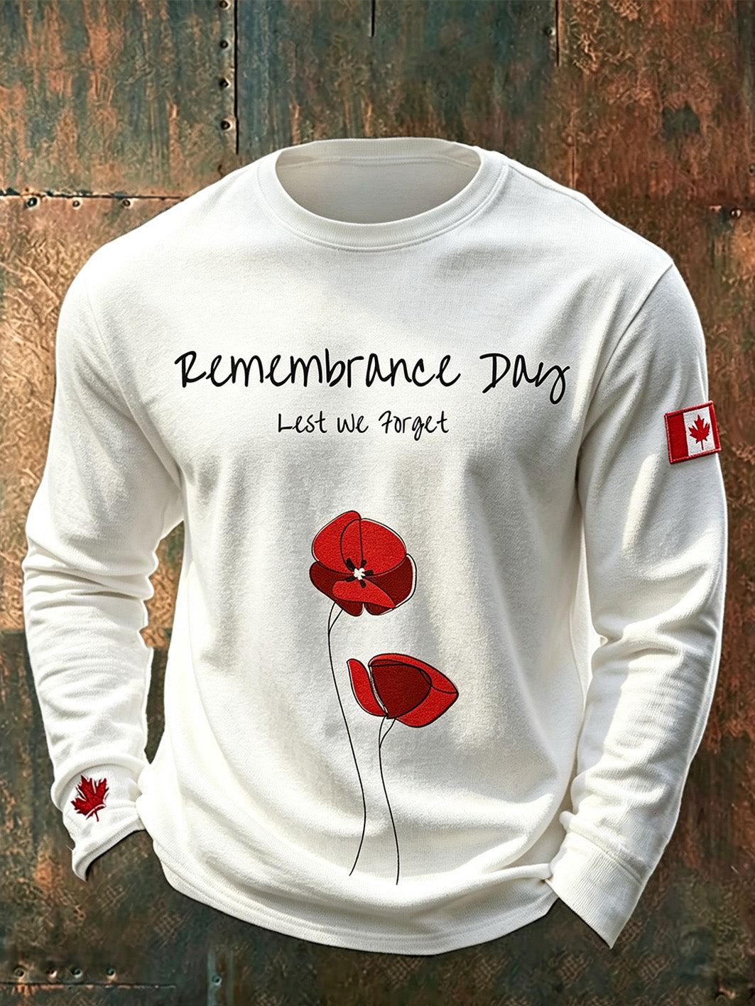 Men's Last We Forget Slogan Papaver Rhoeas Pattern Printed Long Sleeve Round Neck T-shirt