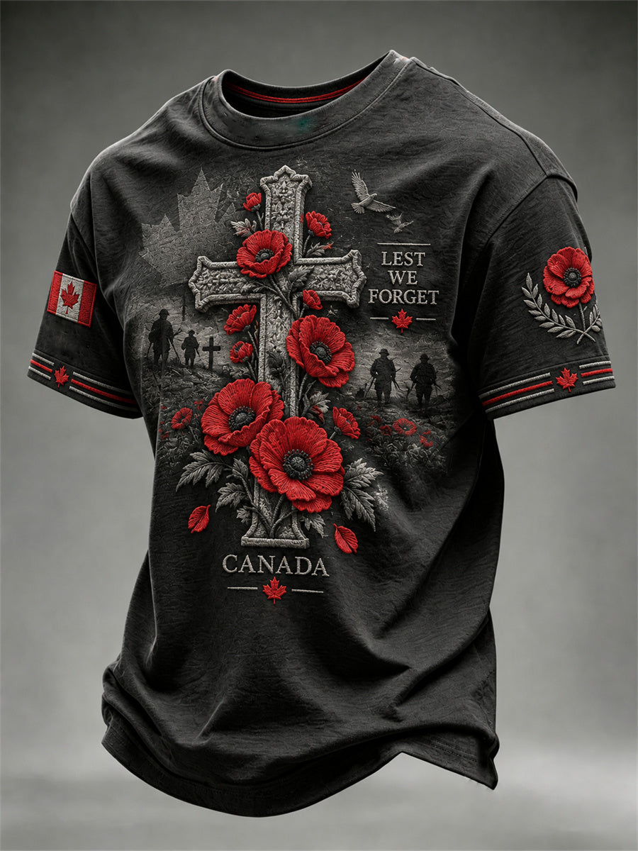 Men's Canada We Will Remember Floral Cross Print Memorial short sleeves t-shirt