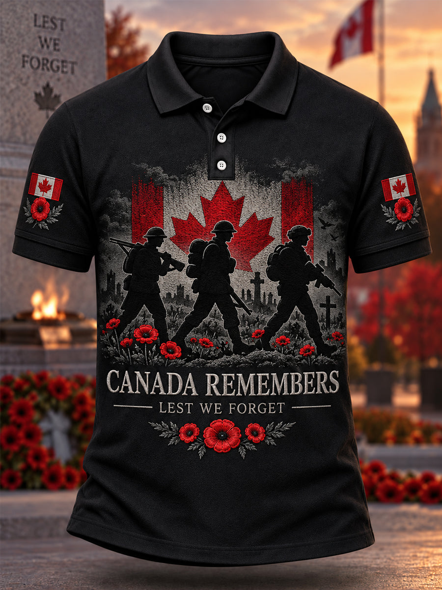 Men's Lest We Forget Canada Remembrance Day Print Polo Shirt