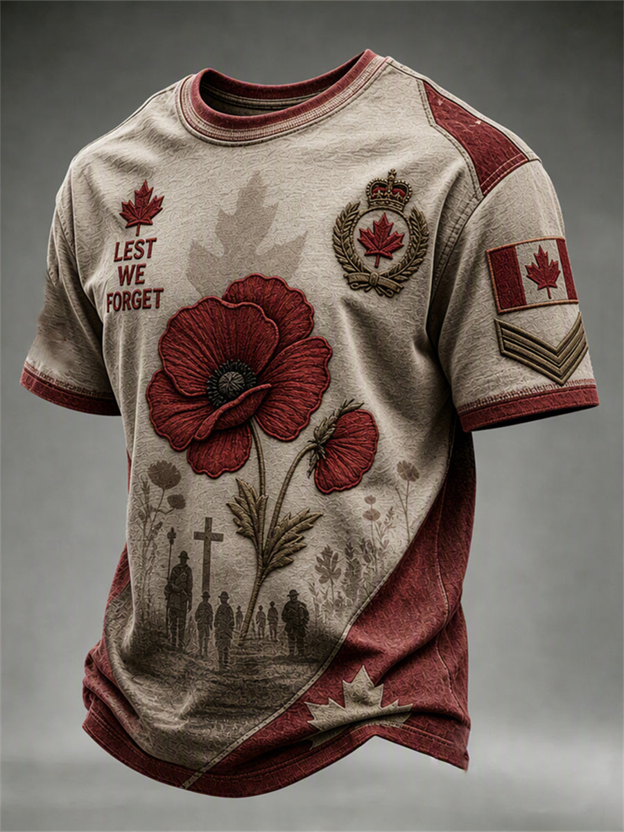 Men's Canada We Will Remember Flower & Cross Print Memorial short sleeves t-shirt