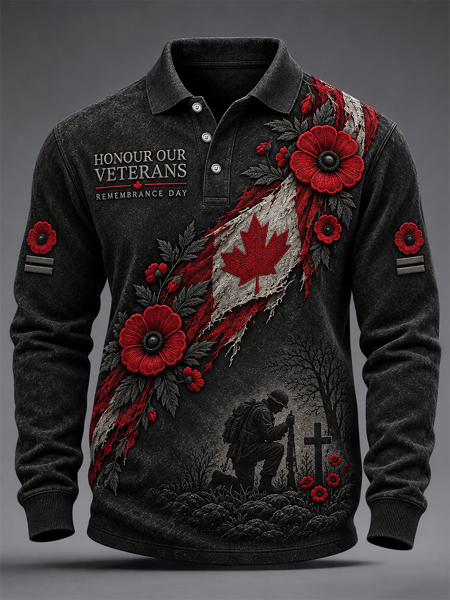 Men's Lest We Forget Canada Remembrance Day Poppy Print Long Sleeve Polo
