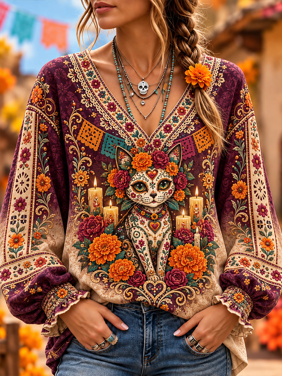 Women's Mexico's Day of the Dead V-Neck Blouse