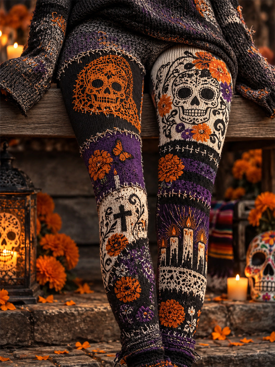 Women's Mexico Day of The Dead Art Print Casual Velvet Leggings