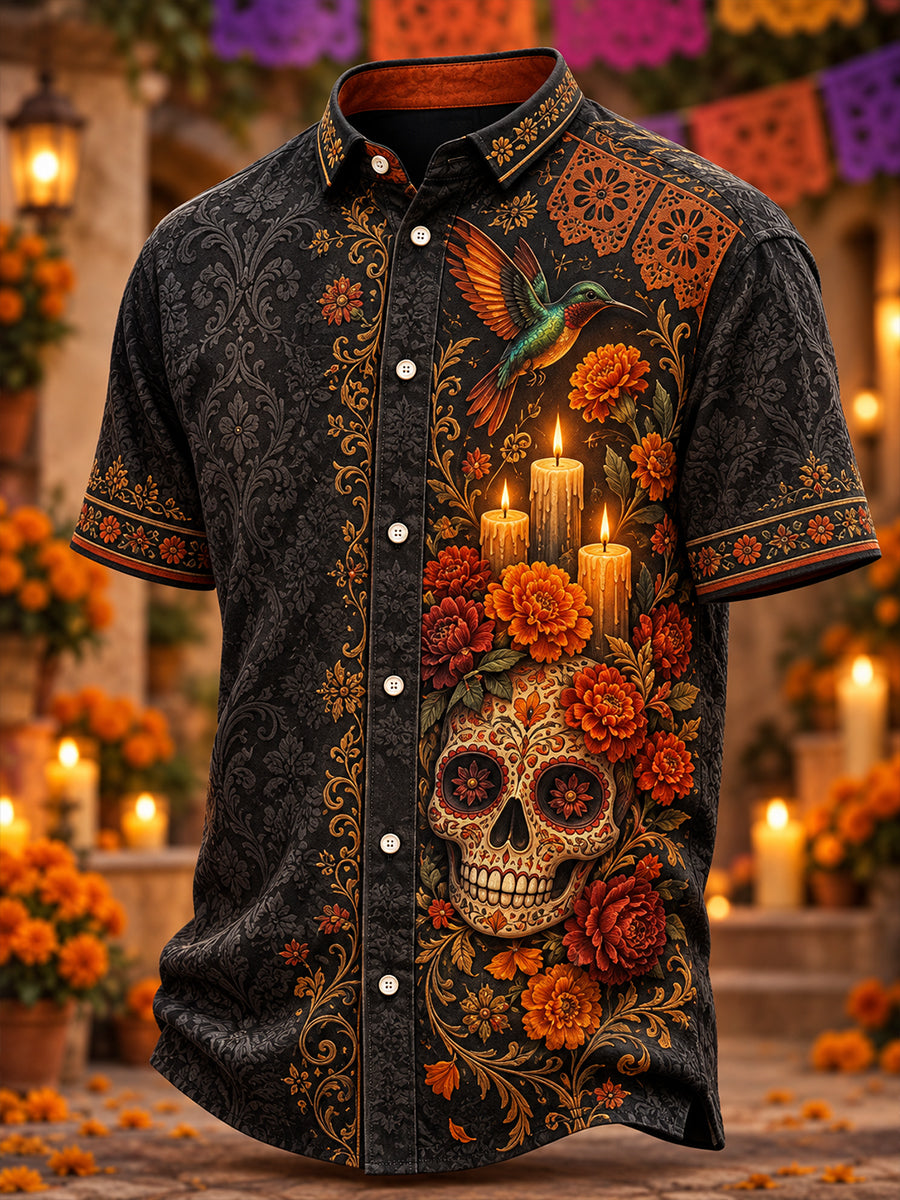 Men's Mexico's Day of the Dead Print Short-Sleeved Shirt