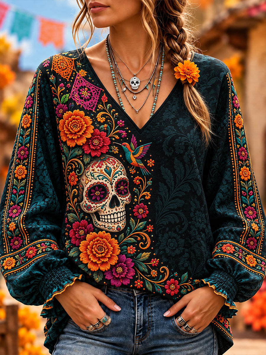 Women's Mexico's Day of the Dead V-Neck Blouse