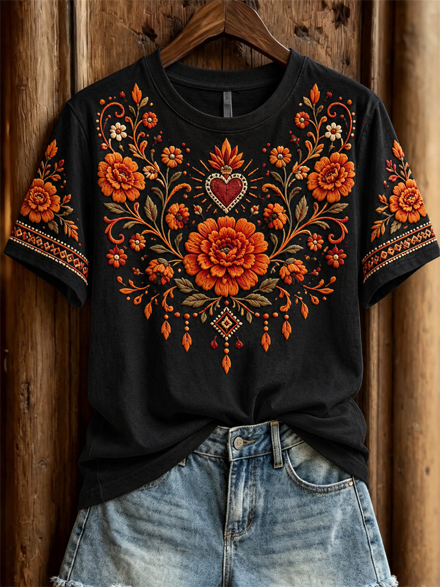 Women's Day of the Dead Mexican Marigolds Floral Print short-sleeved T-shirt