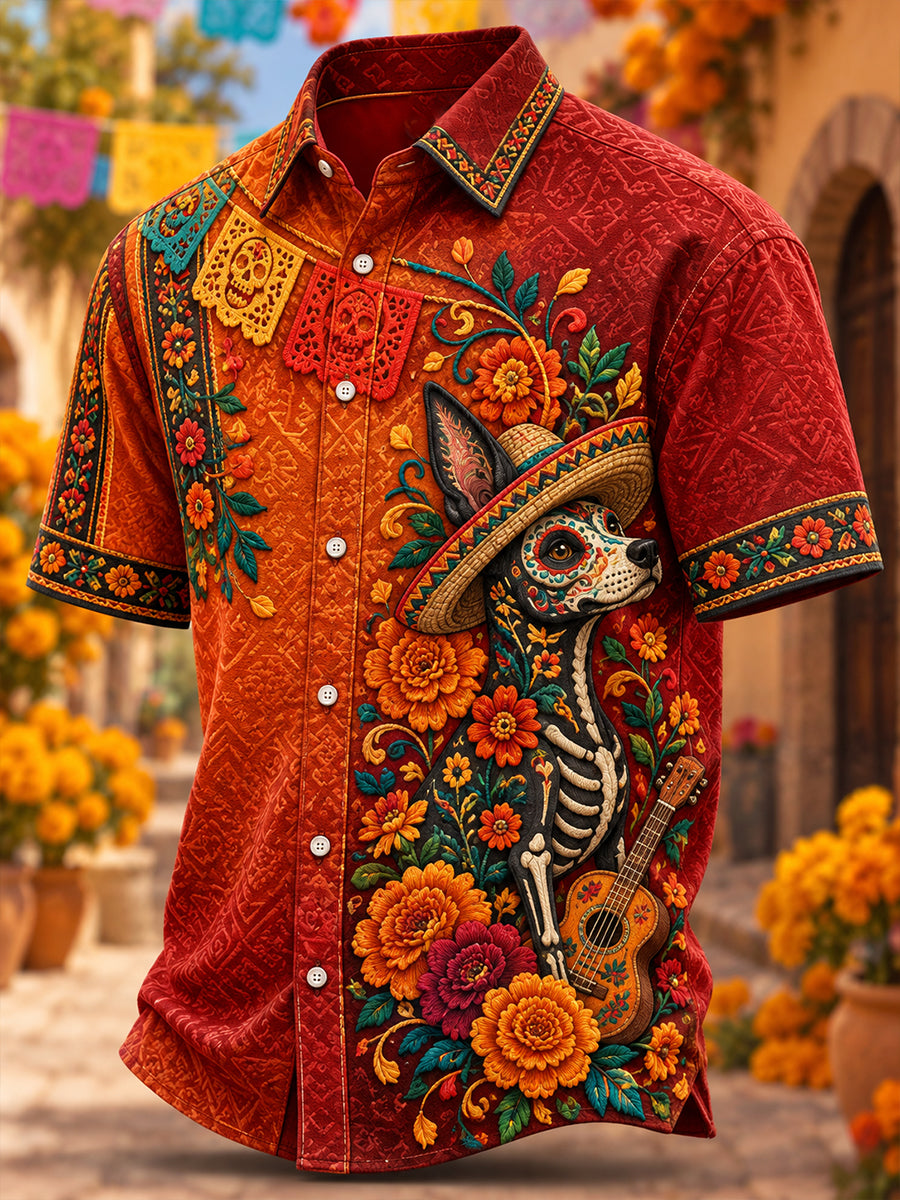 Men's Mexico's Day of the Dead Print Short-Sleeved Shirt