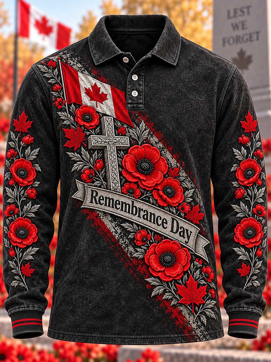 Men's Remembrance Day Printed Long Seeved Polo Sweatshirt