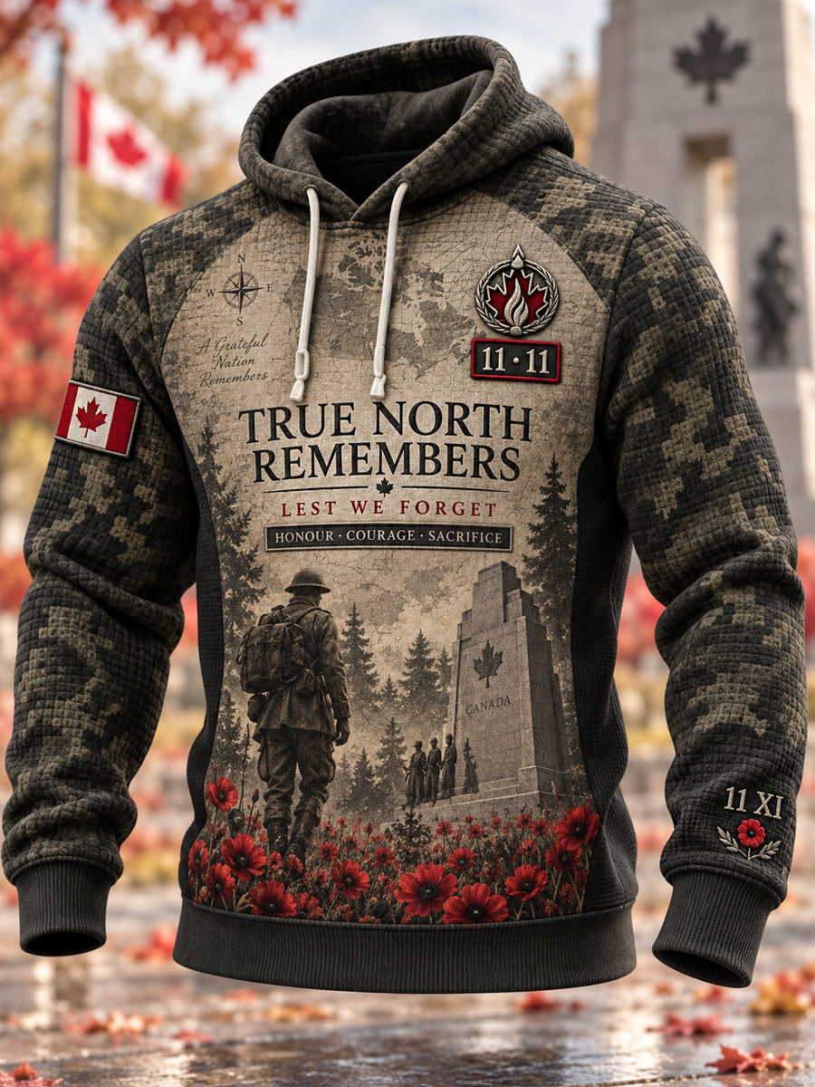 Men's Remembrance Day Printed Waffle Long Sleeved Hooded Sweatshirt
