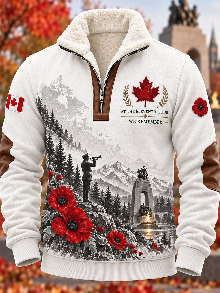 Men's Remembrance Day Printed Long Sleeved Stand Up Collar Lambhair Zipper Top