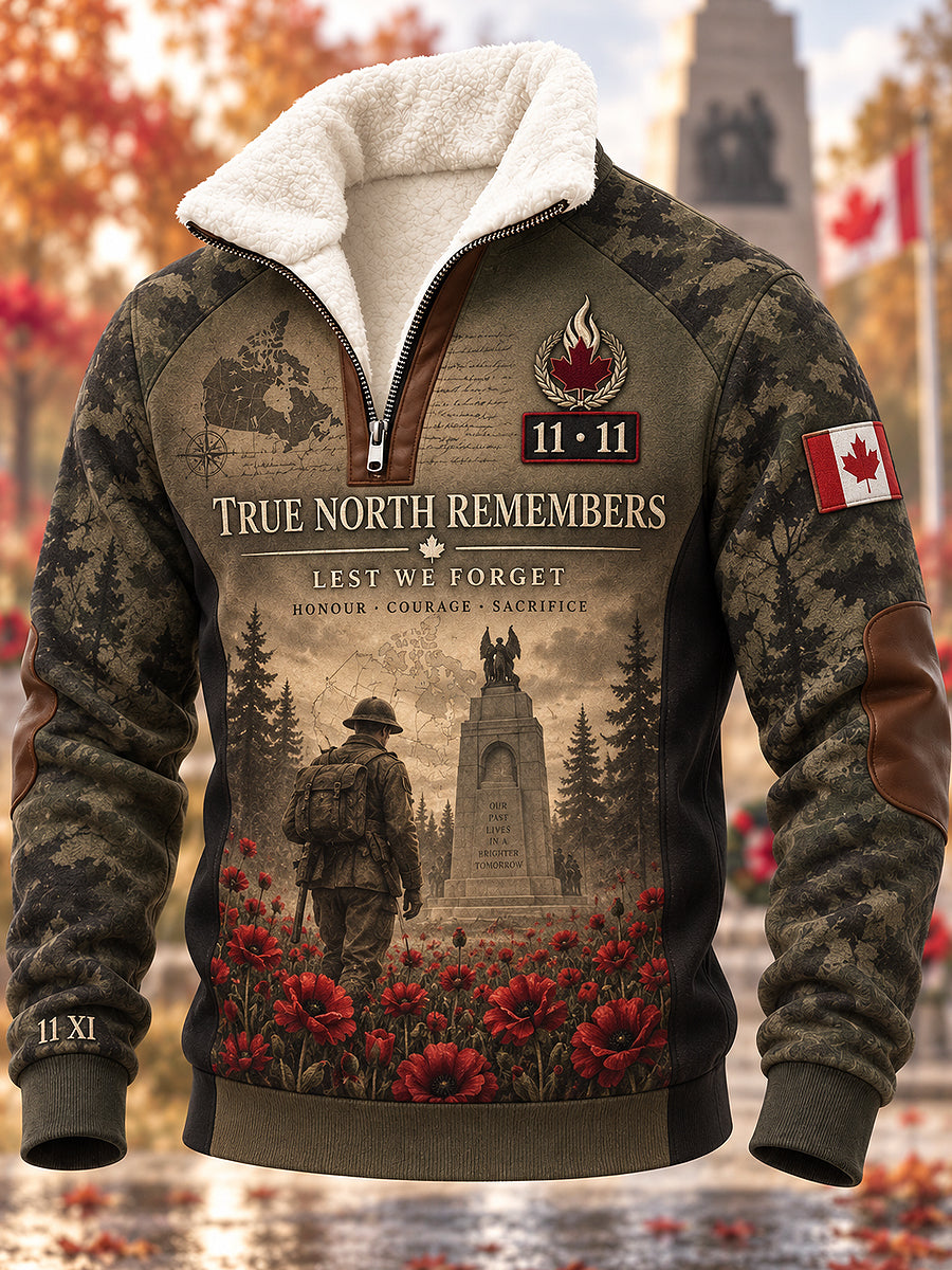 Men's Remembrance Day Printed Long Sleeved Stand Up Collar Lambhair Zipper Top