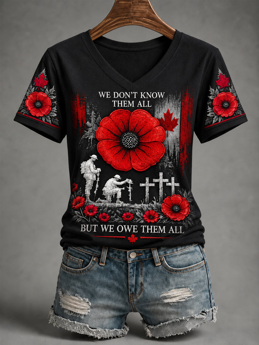 Women's Lest We Forget Canada Remembrance Day Poppy Print V-Neck Tee